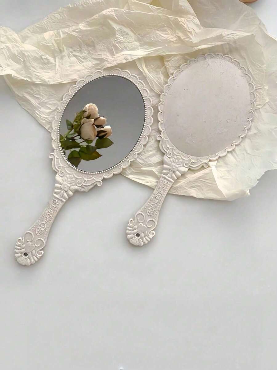 1pc Vintage Handheld Makeup Mirror, Floral Etched Electroplated Mirror Surface, European Retro Floral Pattern Handheld Travel Mirror, Suitable For Handbags And Vanity, INS Style Rose Gold Hand Mirror, Creative Gift For Brides, Teenagers And Vintage Lovers