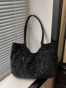 1pc Black & White Polka Dot Shoulder Bag, Top Zipper + Side Zipper, Star Pendant, Large Capacity, For Ladies, Daily Commute, Retro Style, Chic Design - Black - View 2