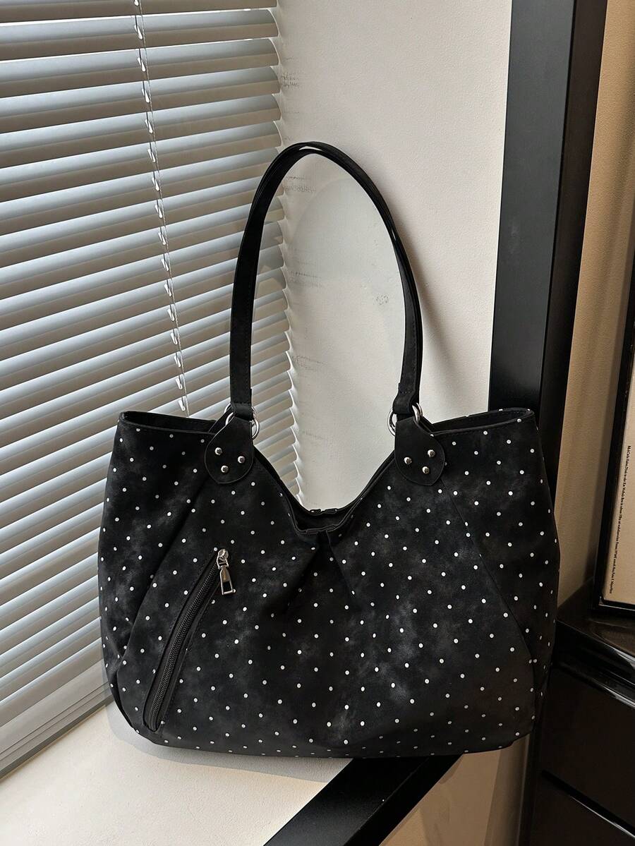 1pc Black & White Polka Dot Shoulder Bag, Top Zipper + Side Zipper, Star Pendant, Large Capacity, For Ladies, Daily Commute, Retro Style, Chic Design