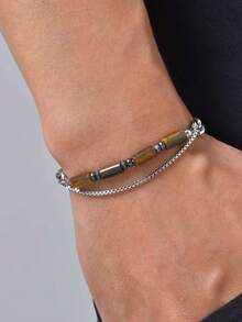 1pc Vintage Stainless Steel Chain Obsidian Bead Spliced Double Layer Silver Bracelet For Men, Jewelry Accessories - Silver - View 4