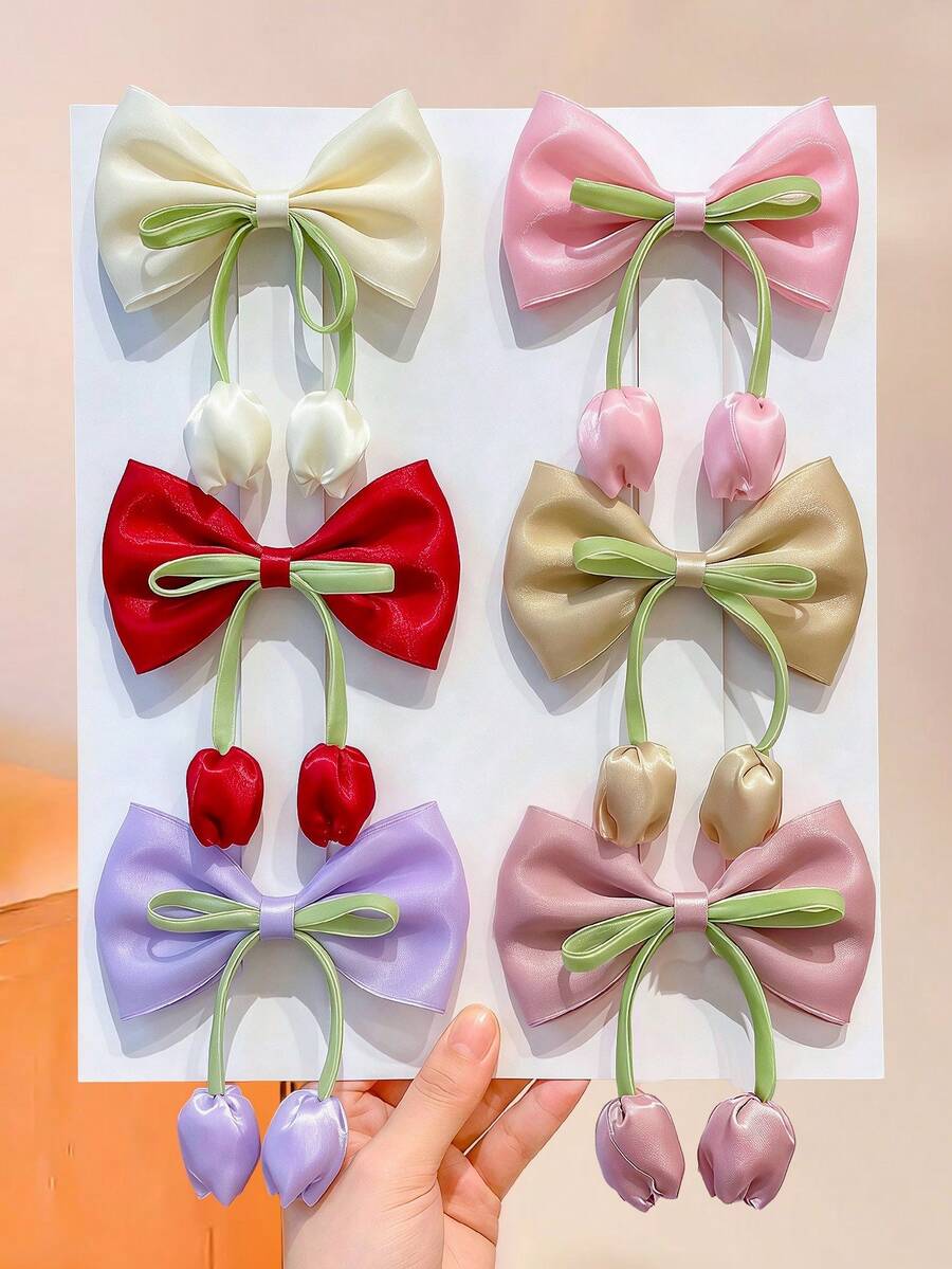 Kẹp tóc nơ mặt hoa tulip 6/3/1 cái, bền và thân thiện với tóc, phụ kiện tóc ngọt ngào dễ thương cho bé gái và trẻ em, phù hợp đeo hàng ngày, đi chơi, đi học và hẹn hò - Nhiều màu - Xem 1