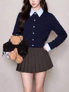 Women's Autumn/Winter Casual Minimalist Style Lapel 2 In 1 Cardigan Sweater Jacket Fall - Navy Blue - View 3