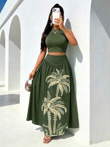 Autumn Women's Elegant Vacation Casual Style Mesh Solid Color Sleeveless Tank Top + Tropical Tree Print Long Skirt 2 Pieces Set Summer - Dark Green - View 2