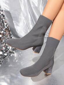 Women's Elegant Elegant Autumn/Winter Fashion Solid Color Versatile Knit Comfortable Chunky Heel Ankle Boots - Light Grey - View 3