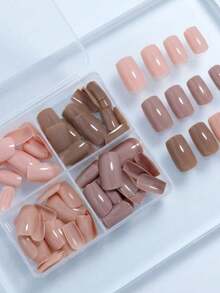 96pcs-4 Grids Solid Color Nude Press On Nail Tips, Medium Square Glossy Fake Nails, Milk Tea Coffee Neutral Tone Full Cover False Nails, Autumn Simple Daily Wear Manicure Nail Supplies For DIY Nail Art - Multicolor - View 6