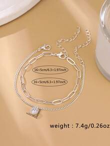 Tkool 2pcs Exquisite Heart-Shaped Rhinestone-Studded Colorful Plaid Chain Bracelet Set For Women - Silver - View 5