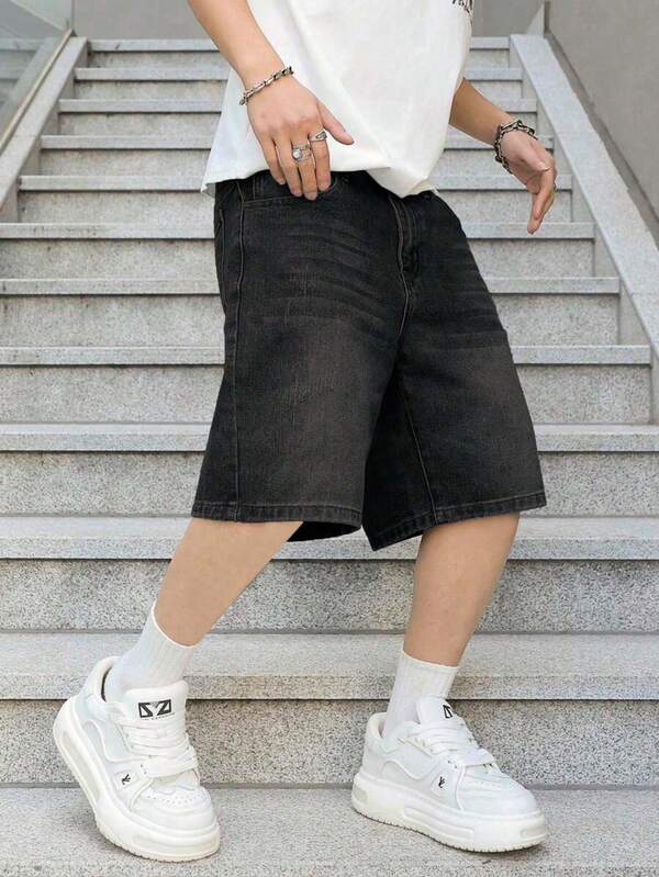 Teen Boy Fashionable Casual Street Style Black Denim Shorts