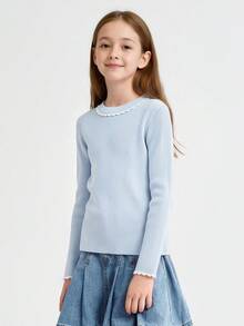 Balabala Girls Knit Sweater Soft Lightweight Pullover Top Sweet Style Autumn Winter Casual Layering Wear - Ice Blue - View 2