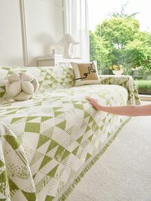 1pc Triangle Geometric Jacquard Sofa Cover, Nordic Minimalist Style, Geometric Pattern, Versatile Full Coverage Sofa Protector, Pet Friendly Anti-Scratch, Durable Non-Slip Sofa Throw, Machine Washable Anti-Dirt Sofa Pad, All Season Use, Suitable For Bedroom, Living Room, Straight L-Shaped Fabric Sofa Cover, B&B Rental Home Decor Multi-Functional Sofa Slipcover, Bohemian, Sofa Cover - Green - View 4