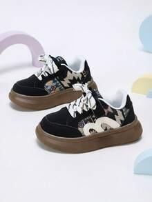 1 Pair Kids Black Fabric Patchwork Hook & Loop Lace-Up 2-Way Wear Sneakers, Suitable For Outdoor Sports And Vacation - Black - View 6
