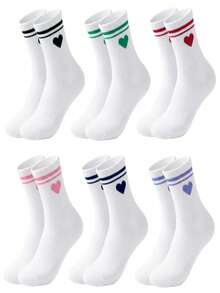 1/6 Pairs Women's 2-Stripe Heart Casual Tennis Socks, White Striped Sports Socks, Suitable For Casual Sports And Home Wear - Multicolor - View 5