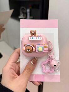 3D Music Bear Compatible With Airpods 5 Protective Case, Korean Cartoon Band Bear Earphone Shell + Star Bell Pendant, Daily Dating Portable Storage Accessory, Compatible With AirPods 1/2/3/4/5/Pro/Pro2/Pro3, Affordable Gift For Girlfriends - Pink - View 3