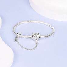 1pc S925 Sterling Silver Snake Chain DIY Base Bracelet, Multiple Rhinestone Heart & Cylinder Lock Clasp Options With Safety Chain, Minimalist Versatile Design, Compatible With Various Beads & Charms, Gift Box Included, Handmade DIY Jewelry Base, Gentle Holiday Gift Accessory - Silver - View 4