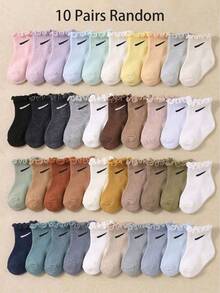 5/10/20 Pairs Random Color Baby Crew Socks With Ruffle, Macaron Pastel And Earth Multi Colors, Baby Essentials, Socks For Toddler, Back To School - Multicolor - View 14