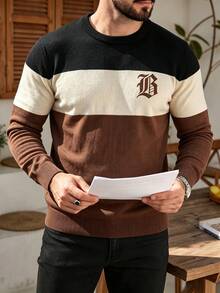ALTZTAR Men's Round Neck Embroidered Long Sleeve Ribbed Knit Sweater - Rust Brown - View 3