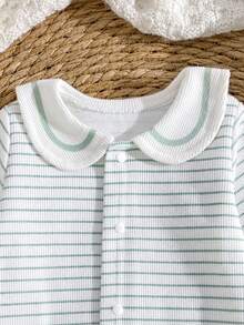 Spring/Autumn New Green & White Striped Baby Jumpsuit, Cute Peter Pan Collar Design With Fresh Color Palette, Front Button Closure For Easy Dressing, Soft & Breathable Fabric, Skin-Friendly & Comfortable, Versatile Jumpsuit For Daily Wear, Home & Outings - Mint Green - View 4