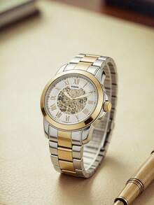 Fossil Men's Automatic Mechanical Watch Two-Tone Stainless Steel Bracelet White Skeleton Dial With Roman Numerals Sophisticated Accessory For Business Casual - White and Gold - View 3