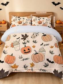 Juego de 3 piezas de funda nórdica de Halloween Blissful, tema de Halloween, juego de ropa de cama cómodo, impresión digital de alta definición, patrón de hoja de arce, postre y calabaza, 1 pieza de funda nórdica con cuatro esquinas y cremallera desmontable + 2 piezas de fundas de almohada con bolsillos, sin relleno, adecuado para dormitorio, residencia estudiantil (ropa de cama para dormitorios de niños y niñas) o viajes - Multicolor - Ver 15
