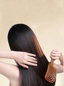 1pc Hollow Curved TPE Wood-Color Hair Comb, Wet & Dry Use, Soft Massage Detangling Brush, Suitable For Smoothing Frizzy Hair, Blowout Styling, Travel, Salon And Bathroom Hair Care Accessory - Multicolor - View 8