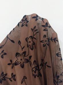 Elegant Commuter Floral Flocked Dress - Coffee Brown - View 7