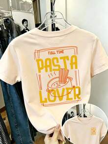 Lässiges Kurzarm-T-Shirt mit lustigem italienischem Pastamuster für Teenager-Mädchen - Aprikosenfarben - Übersicht 2