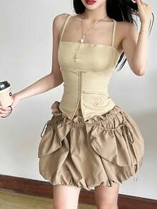 Fashionable Women's Knitted Spaghetti Strap Cropped Top, Slim Fit Bustier Style Camisole, Short Spaghetti Strap Tank Top, Suitable For Summer Outfits - Apricot - View 2
