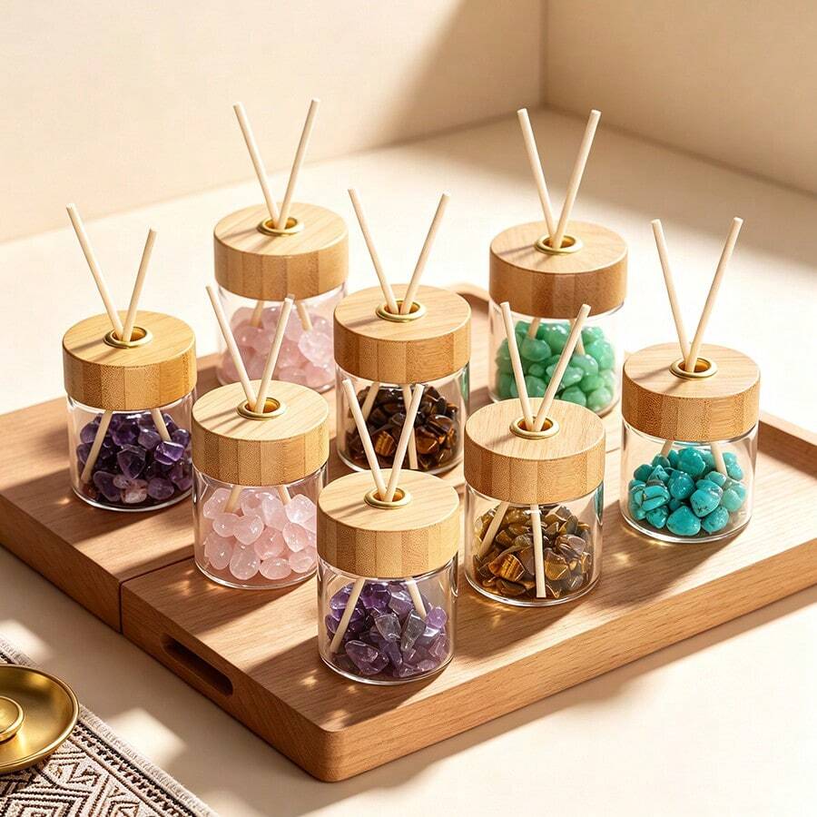 1pc Glass Reed Diffuser Jar With Bamboo Lid, Natural Crystal Stones Rattan Sticks Set, Flameless Home Fragrance Container, Ramadan Housewarming Decor Gift "Unscented" - one-size - View 1