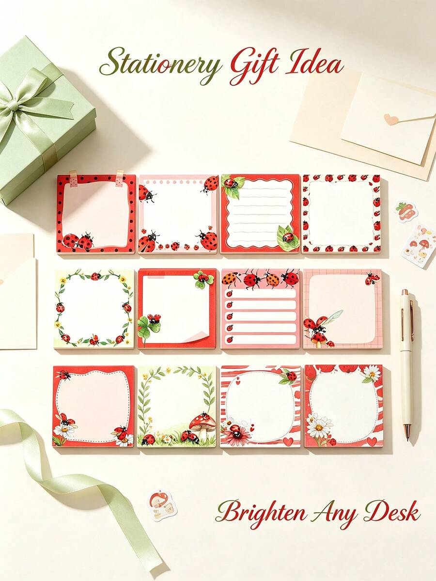 4 Packs Fresh Seven-Star Ladybug Sticky Notes, 12 Random Pattern Set, Hand-Drawn Ladybug, Flower, Grass, Mushroom Creative Border, Includes Lined, Checklist, Blank Multiple Writing Layouts, Thick Paper No Ink Bleed, Removable Without Residue, Suitable For Classroom Marking, Office Memo, Study Plan Recording, Scrapbook Decoration, Cute Insect Style Stationery, Classroom Office Supplies Memo Sticky Notes For Students And Teachers - A - View 1
