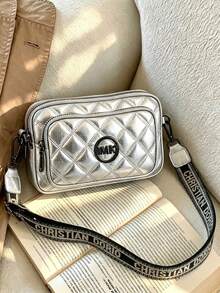 Shiny Silver Quilted PU Crossbody Bag, Dual Zipper Layer Design, Black Hardware Decor, Portable Casual Outdoor Shoulder Bag - Silver - View 4