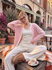 Korean Style Cute Sweet & Spicy Slouchy Vibe, Women's Pink Cable Knit Contrast Collar Cardigan, Long Sleeve Round Neck Button Front Knit Sweater, Autumn Daily Commute Casual Loose Basic Style, Back To School Season - Pink - View 5