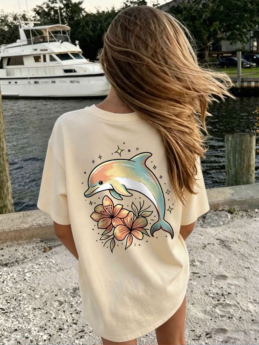 Women's Cream Loose Oversized T-Shirt, Gradient Macaron Color Dolphin, Hibiscus, Star Back Print, Short Sleeve Crew Neck, Soft Summer Beach Vacation Top - Apricot - View 1