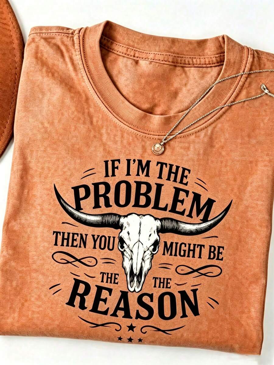 Unisex Washed Distressed T-Shirt Cotton Blend Casual Oversized Tee.Women'S Washed T-Shirt "If I Am Problem, Then You May Be The Reason" | Weste - 橘色 - 查看 1