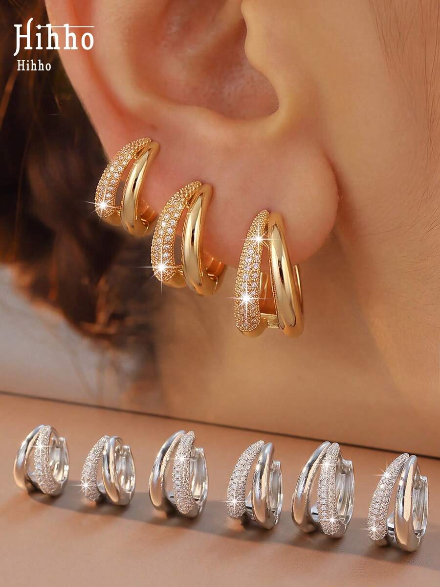 Hihho 3 Pairs European And American Copper Zirconia Double Hoop Earrings Set, Small, Medium And Large Sizes, Delicate And Versatile, Lightweight Luxury Style, Unisex Stackable Earring Set Suitable For Daily, Holiday, Travel, Work And Commute Wear - Earrings Set - View 1