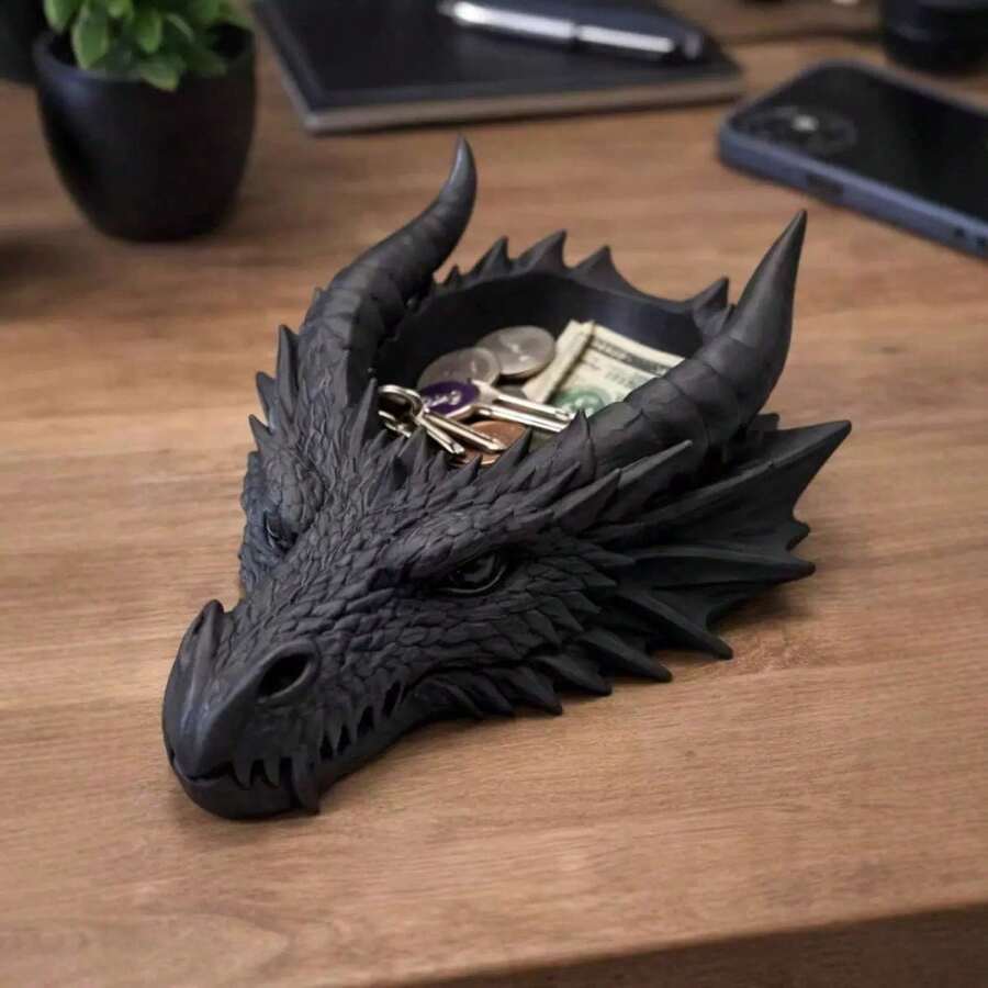 1 pieza Caja de almacenamiento con forma de cabeza de dragón pequeña y novedosa, organizador de escritorio genial para bolígrafos, llaves, joyas, caja de almacenamiento de escritorio con estatua de dragón decorativa, adecuada para niños, hombres, decoración de habitación de jugadores - multicolor - Ver 1