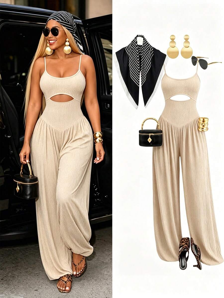 Aliling Women's Fashion Casual Solid Color Hollow Waist Camisole Harem Jumpsuit, Tie-Back Design, Elastic Textured Fabric, Suitable For All Daily Occasions - Apricot - View 1