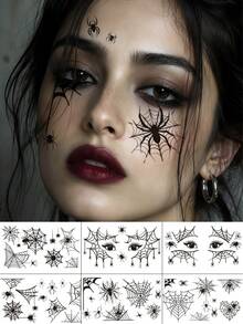 6 Sheets Goth Spider Web Tattoo Stickers, Waterproof Halloween Face Tattoos, Spider Eye Shadow Tattoos, For Halloween Makeup Prank Cosplay Festival Prom Rave Accessories - Black - View 11