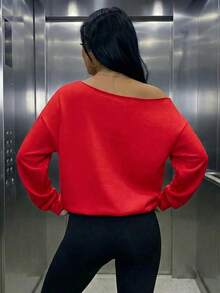 女款休閒抓絨露肩寬鬆衛衣，適合秋冬日常穿著與戶外穿搭，紅色秋季款 - 紅色 - 查看 8