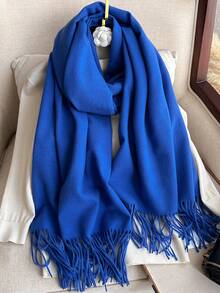 1pc Women's Pure Royal Blue Thick Scarf, Double-Sided Faux Cashmere Wool Scarf, Elegant & Fashionable, Couple Shawl Scarf, Versatile & Warm, Suitable For Autumn/Winter Daily Use - Royal Blue - View 9