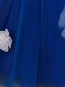 Baby Girls Thick Strap 3D Flower Mesh Flower Girl Dress, Suitable For Birthday Party, Headband Not Included - Royal Blue - View 9