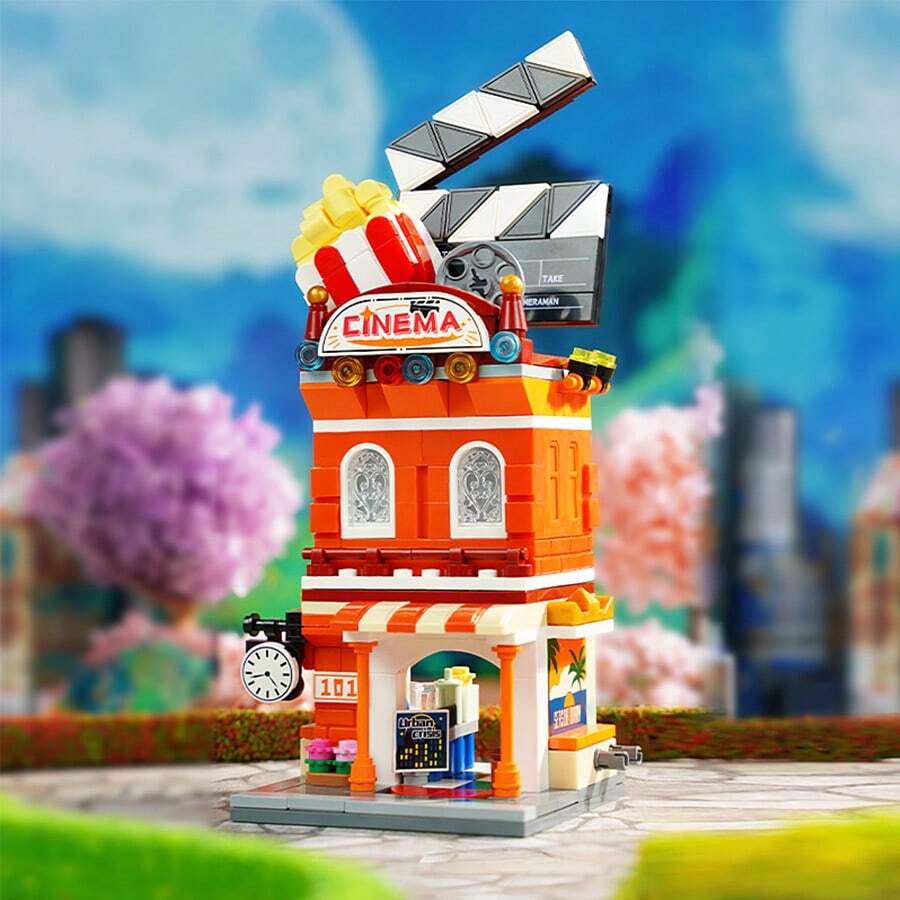 Miniso Carnival Cinema Building Blocks, Simulated Street View Movie Theater Assembly Model, DIY Interlocking Brick Set, Mini Architectural Desktop Ornament, Creative Hobby Gift (1 PC) - Multicolor - View 1