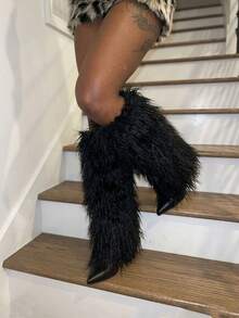 Stiletto High Heel Women Knee High Boots Furry Fluffy Fashion Luxury Sexy Elegant Nightclub Halloween Winter Snow Shoes For Woman - 黑色 - 查看 4