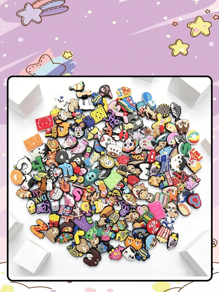 Random 10-100pcs Cute Cartoon Series Shoe Charms, Food/Animal/Flower/Sports, Suitable For Clogs, Sandals, High-Quality Shoe Accessories, Perfect Gift For Teens, Men, Women And Adults - Colorful - View 1