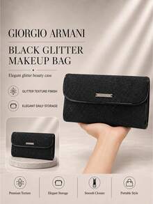 Giorgio Armani Armani Black Glitter Makeup Bag, Single Item, Magnetic Flip-Top, Exquisite Large Capacity, Perfect For Travel And On-The-Go Makeup Storage - Black - View 3