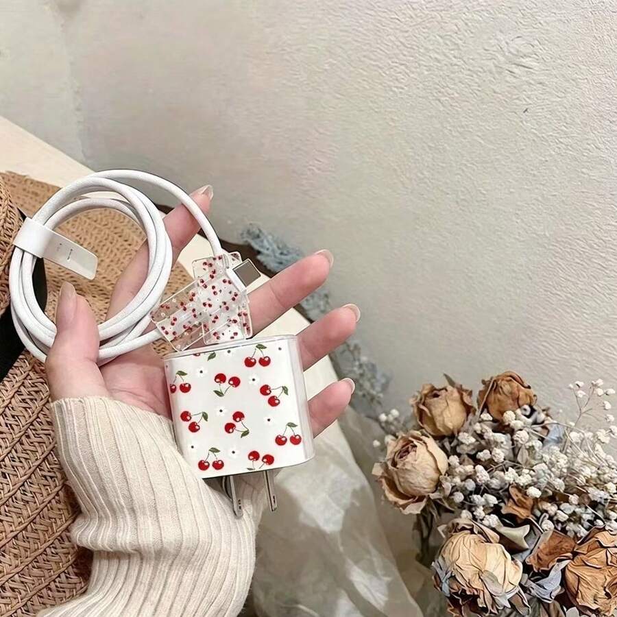 極簡花卉蘋果充電器蝴蝶結保護套，適用 20W 15 充電線，16 Pro Max 手機數據線保護套，13/14 Plus 防斷裂防貓咬 - 無色 - 查看 1