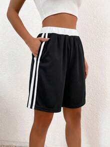 1pc Tween Girls' Casual Sports Elastic Waist Color Block Shorts, Bermuda, Spring Summer Autumn Winter - Black - View 3