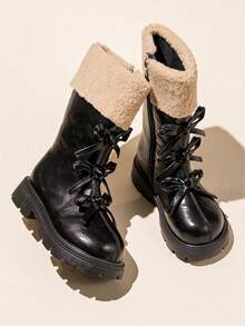 Autumn/Winter Girls' Lamb Wool Mid-Calf Boots, Bow Design Side Zipper Children's Boots - Black - View 5