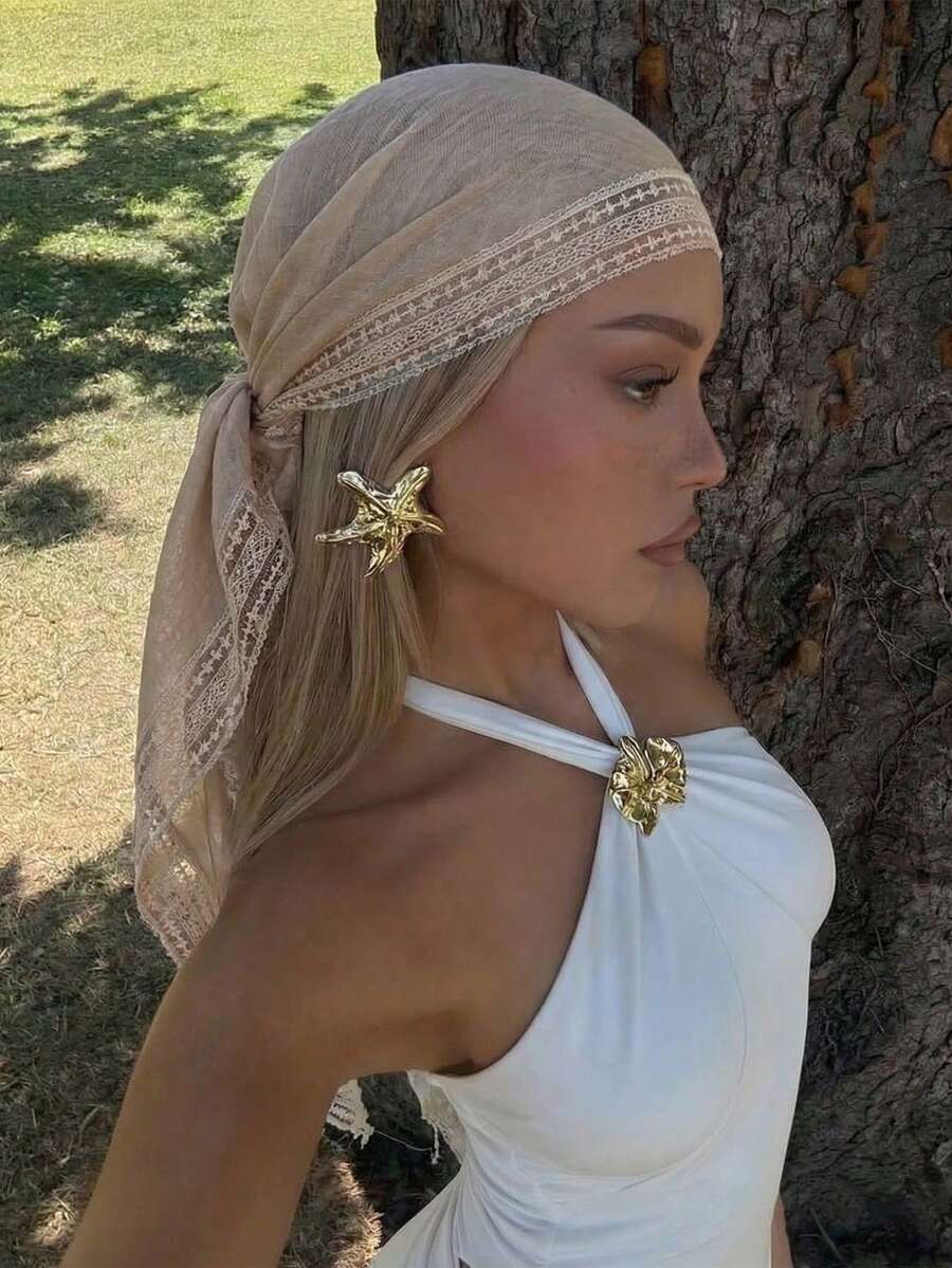 1pc Women's Solid Color Square Lace Trim Headscarf, Can Be Used As Headscarf, Shawl, Headband And Hair Accessory, Suitable For Mosque - Beige - View 1