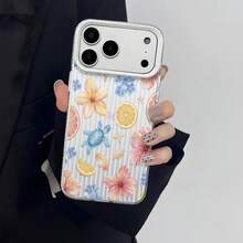 1pc Summer Vacation INS Style Transparent Bottom Gray & White Vertical Stripe Watercolor Hibiscus Orange Slice Blue Turtle Starfish Shell Phone Case Fresh Tropical Beach Girl Aesthetic Full Coverage Anti-Drop Soft Shell Compatible With IPhone17/17Pro/17ProMax/16/16Plus/16ProMax/16e/15ProMax/11/12/12Pro/12ProMax/13/13Pro/13ProMax/14/14Pro/14ProMax - White Frames, Matte White - View 1