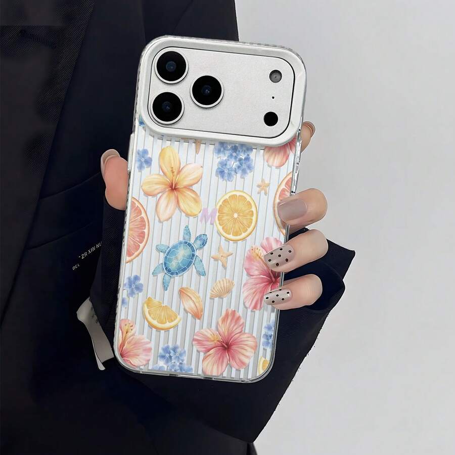 1pc Summer Vacation INS Style Transparent Bottom Gray & White Vertical Stripe Watercolor Hibiscus Orange Slice Blue Turtle Starfish Shell Phone Case Fresh Tropical Beach Girl Aesthetic Full Coverage Anti-Drop Soft Shell Compatible With IPhone17/17Pro/17ProMax/16/16Plus/16ProMax/16e/15ProMax/11/12/12Pro/12ProMax/13/13Pro/13ProMax/14/14Pro/14ProMax - White Frames, Matte White - View 1