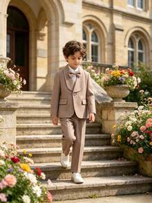 Tween Boys Handsome Fashion Striped Gentleman Suit Set, 1 Blazer + 1 Pants + 1 Bow Tie, Suitable For Wedding, Page Boy, Performance, Christmas Party, Banquet And Other Formal Occasions - Khaki - View 4